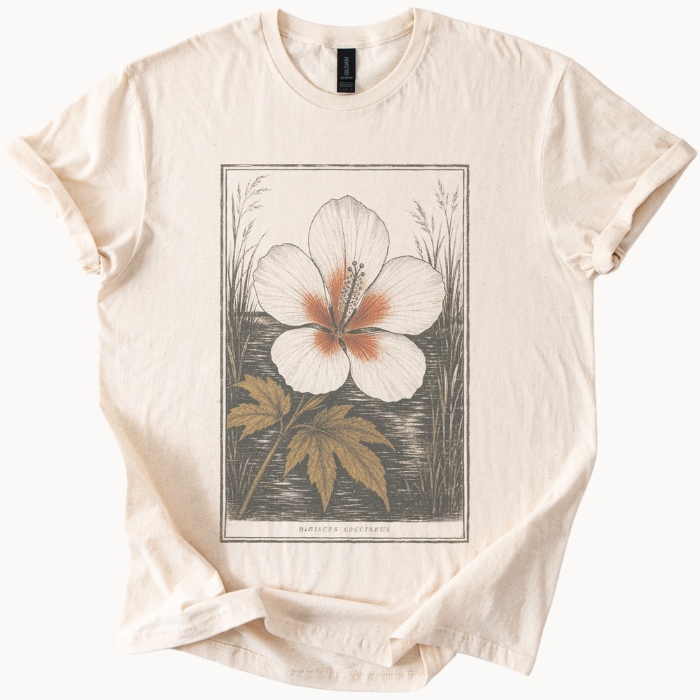 Botanical Hibiscus Graphic Tee Vintage Engraving Style Natural